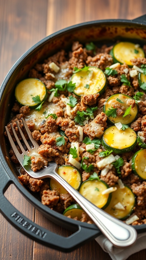 A delicious hamburger zucchini skillet with ground beef and zucchini, topped with cheese and parsley in a cast-iron skillet.